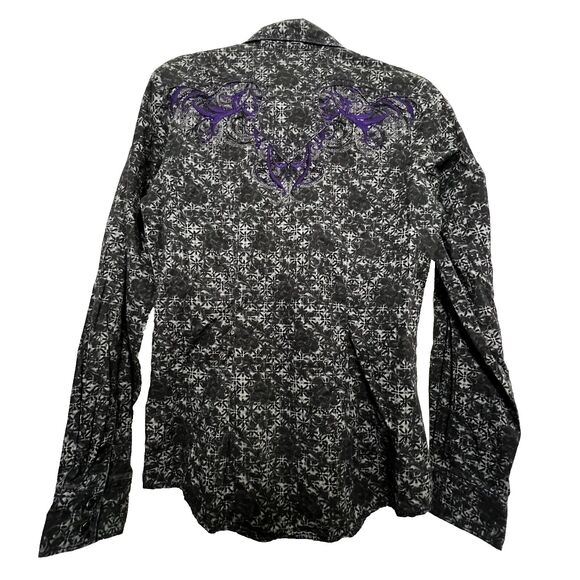 Cruel Girl Western Pearl Snap Shirt Women M Embroidered Black Purple Rodeo Y2K - Picture 3 of 16